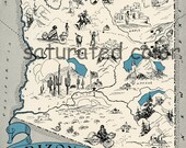 Arizona Map - Map Art - High Res DIGITAL IMAGE of a 1930s Vintage Picture Map - Turquoise Aqua - Charming & Fun