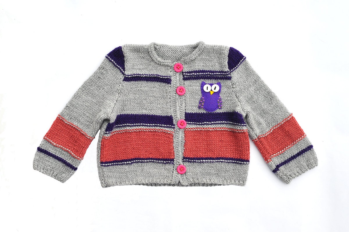 Baby Girls Knitted Sweater / jacket / cardigan Pink Purple Grey with Owl felt applique  - 12 - 18 months OOAK