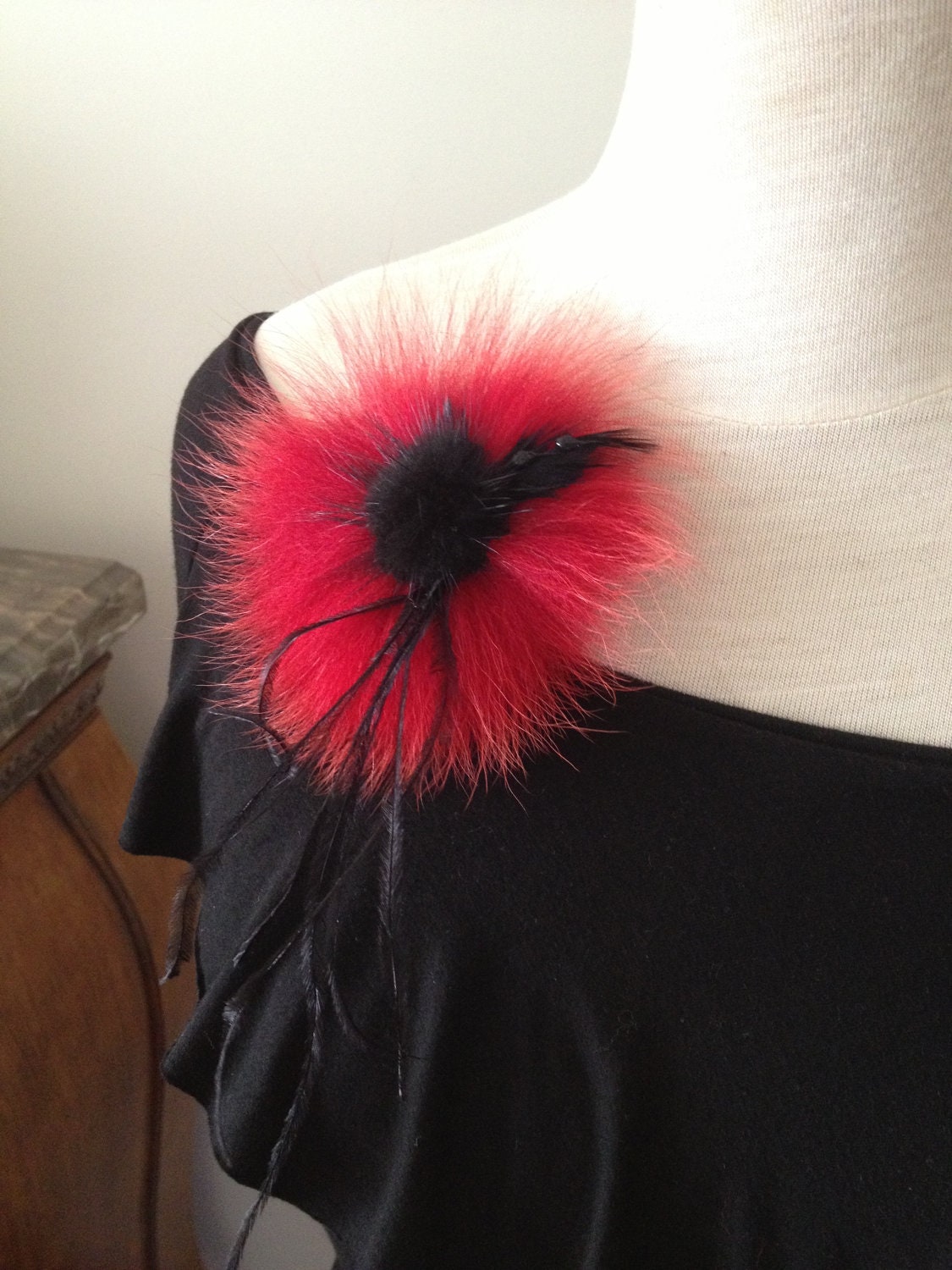 Red Black Classic Brooch Pin Fox Fur Mink Fur feathers 3d art  for any garment or outerwear