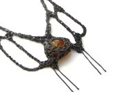 NEW - black butterfly tails amber and oxidized silver crochet necklace