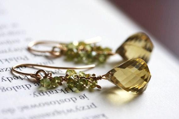 Whiskey quartz, peridot waterfall earrings