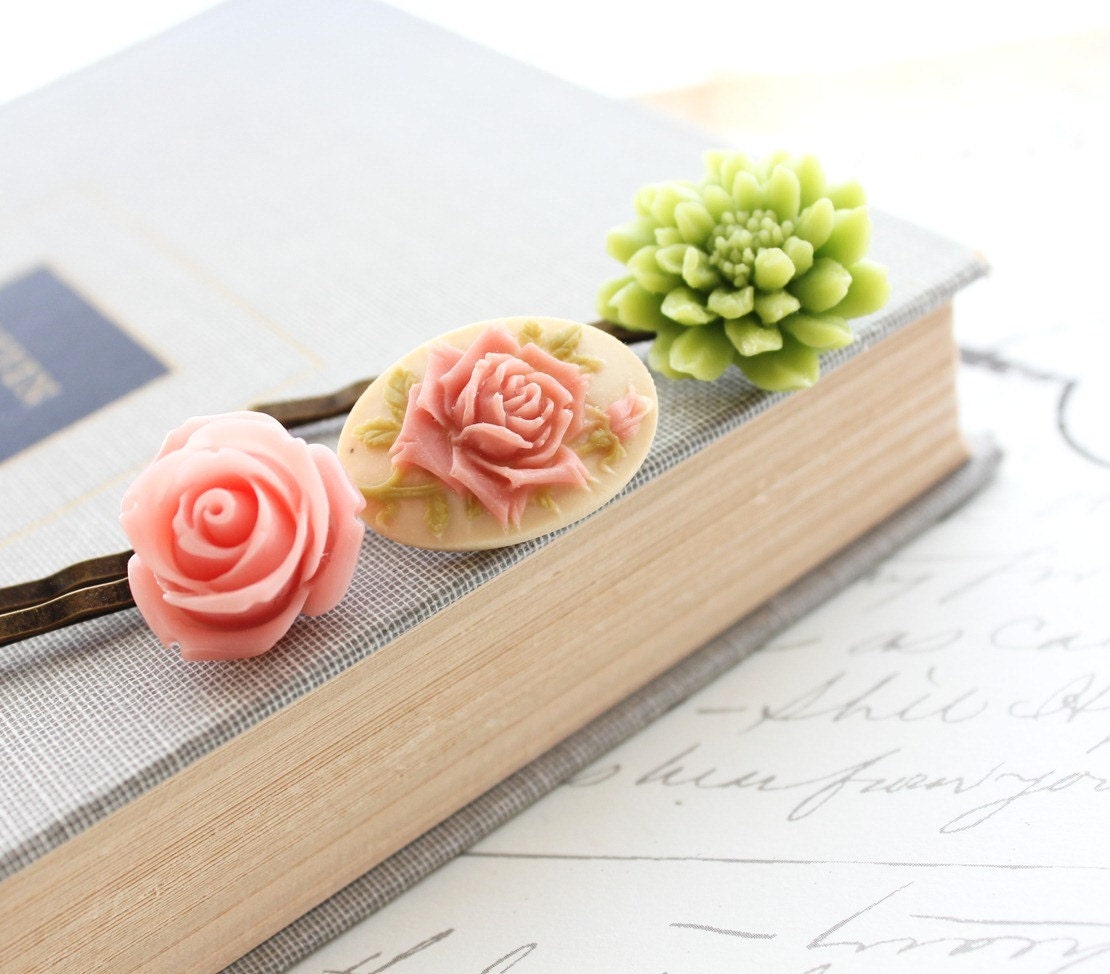 Flower Bobby Pins, Peach Pink Rose, Green Chrysanthemum, Rose Cameo, Floral Hair Accessories - Set of Three (3)