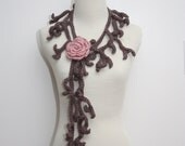 Coffee Brown Branch Scarf / Lariat with Pink Rose Brooch