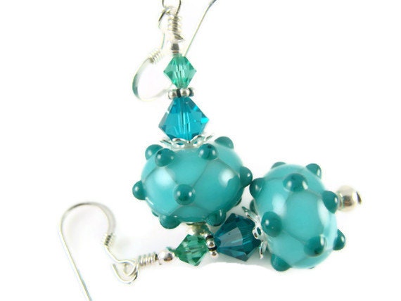 Teal Lampwork Earrings, Glass Bead Earrings, Green Dangle Earrings, Lampwork Jewelry, Beadwork Earrings, Bumpy Glass Bead Jewelry