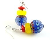Blue Lampwork Earrings, Autism Dangle Earrings, Glass Bead Earrings, Yellow Abstract Earrings, Lampwork Jewelry, Red Beadwork Earrings