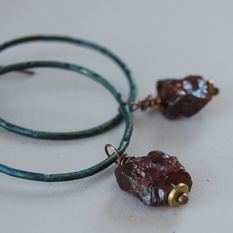 Rough Garnet and Blue Patina Brass Hoop Earrings