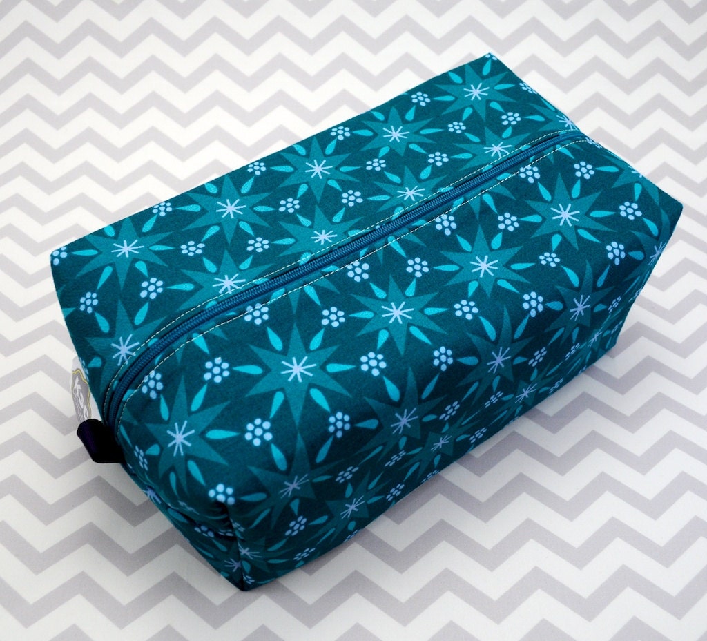 Large Box Bag, Cosmetic Case or Project Bag - Turquoise 1001 Peeps Lizzy House Fabric