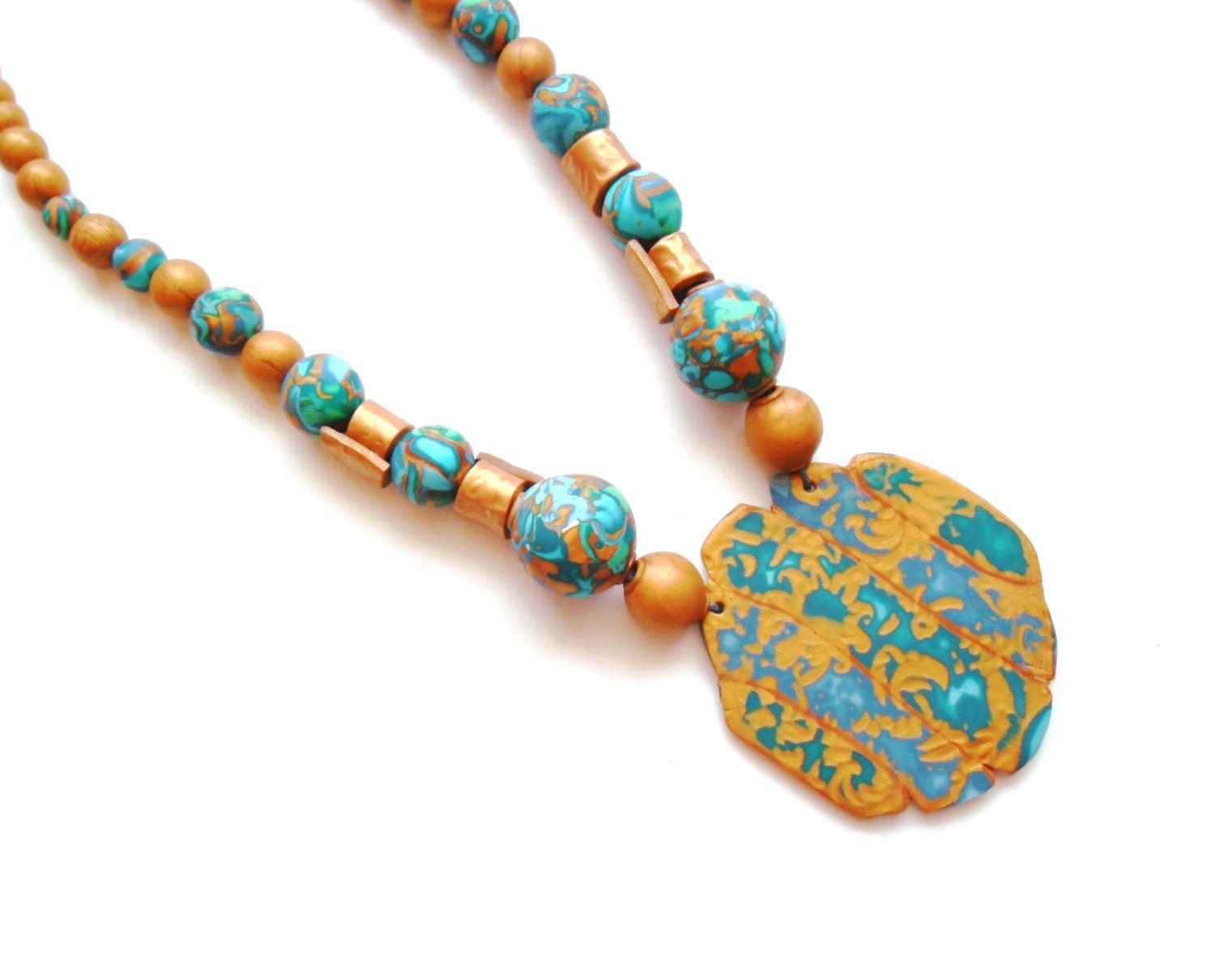 Large Egyptian statement necklace long chunky gold turquoise green blue teal polymer clay necklace with large double sided pendant ooak