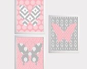 Ikat Butterfly Wall Art Pink Grey set of 3 each size 8x10