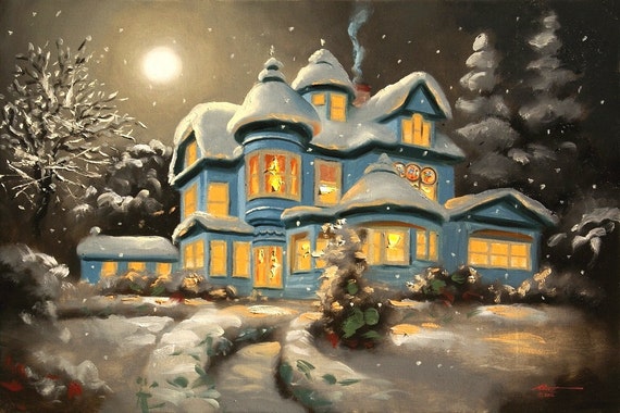 House winter snow moonlight 24x36 oils on canvas painting by RUSTY RUST / M-240