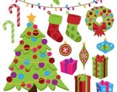 Christmas Clipart Clip Art, Holiday Clip Art Clipart with Tree, Stockings, Wreath, Candy Canes, Gifts - Commercial and Personal