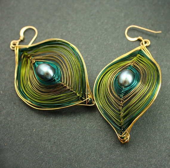 Olive Green and Gold Peacock Earrings Ships Free to US