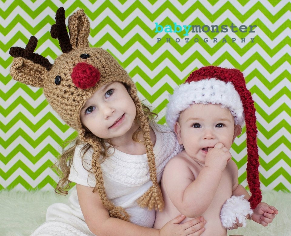 Baby Hats - Santa and Reindeer Baby Hat - 12 - 24 Month Sizes - Twin Christmas Hat Set - Toddler Sizes