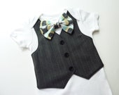 Short or Long Sleeve Dark Gray Striped Tuxedo Onesie Vest with Matching Bow Tie