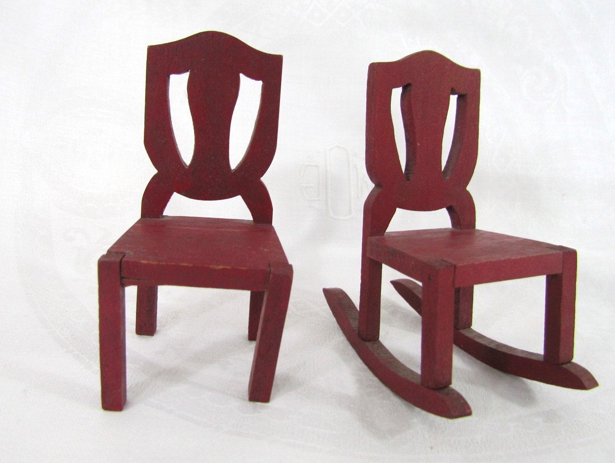 Vintage Miniature Dollhouse Rocking Chair and Chair Wooden Painted Red