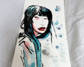 Original Drawing Illustration Something Blue Japan girl portrait blue red black ink by juliacalimera