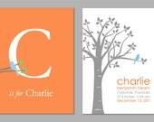 Personalized Custom Baby Name/Birthdate Print and Initial/Monogram Print-  Nursery Decor for Boys -Set of two 8"x10" prints