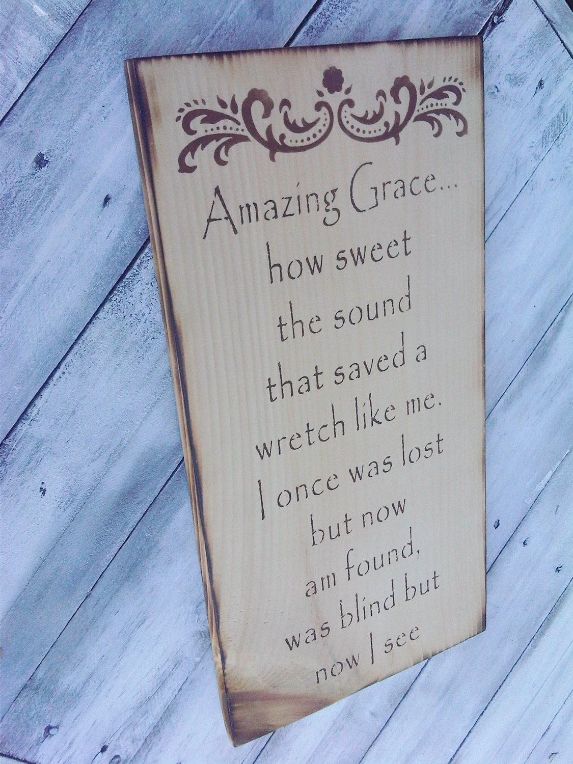 Rustic Decor Sign "AMAZING GRACE" hymnal lyrics on primitive pine - Kitchen art, bedroom art