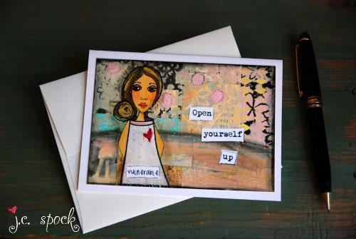 Folk Art Card: Vulnerable Girl Note Card - 4x5.5 blank greeting card, Mixed Media Art, Whimsical Art, notecard -  pink, aqua