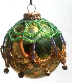 Beaded and Weighted Bauble Cover - Gold Green Purple Seed Beads and Gold Bells on Shiny Gold Ball Ornament