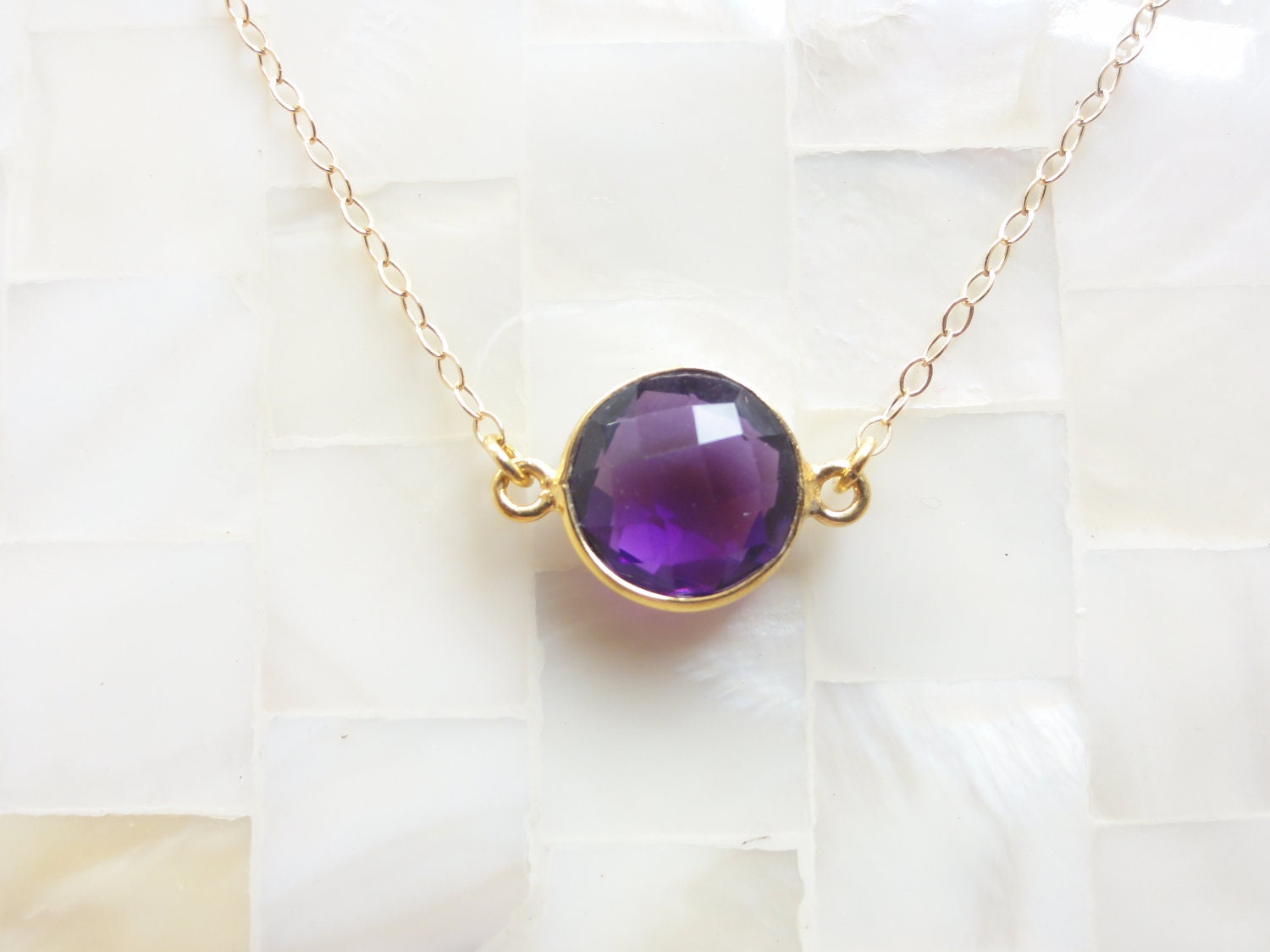 Round Step-Cut Faceted Amethyst Vermeil Bezel Connector Gold Chain Necklace