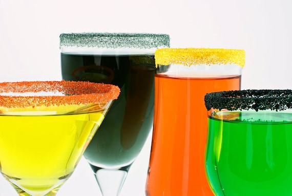 Halloween cocktail sugar - rim sweet martinis, margaritas in black, yellow, silver, orange colored sugar - drink recipes included