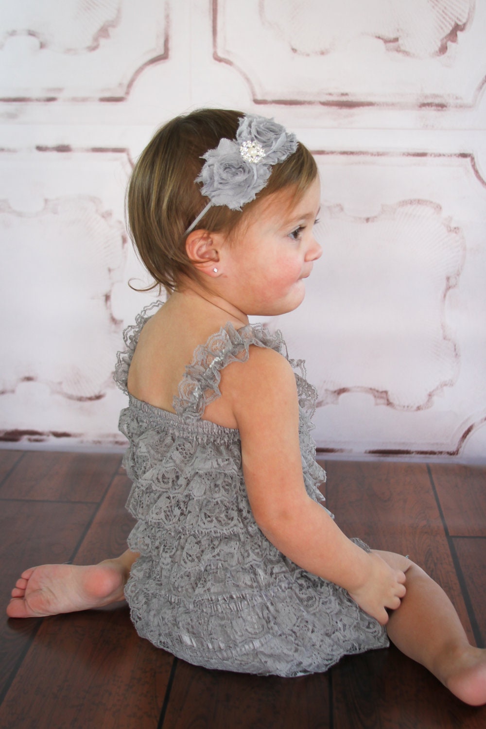 Grey Lace Petti Romper, petti romper, ruffle romper, lace petti romper