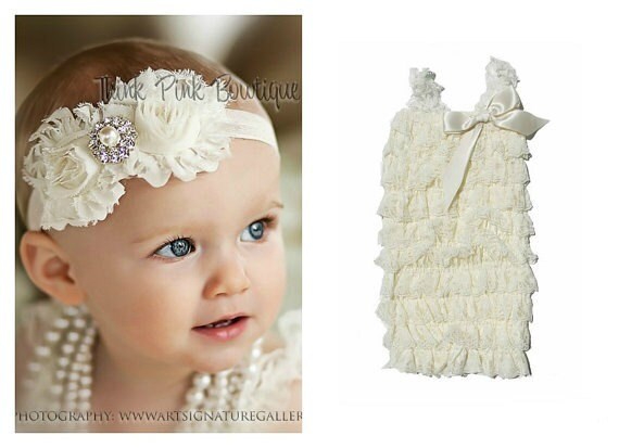 Ivory petti lace romper and headband SET, petti romper,baby headband, flower headband,vintage inspired headband and lace petti romper