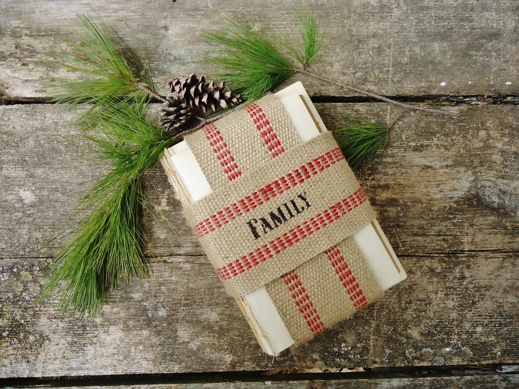 Vintage Book Bundle FAMILY on Burlap Jute Webbing - Holiday Christmas Home Decor Book Stack