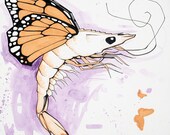 giclee print, butterflied shrimp, monarch butterfly wings, purple and orange