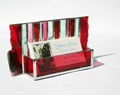 Stained Glass Business Card Holder Cranberry Fuschia Pink Sage Green Art Glass Office Modern Desk Accessory Handmade OOAK Striped