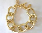 Chunky Gold Chain Link Bracelet with Crystal Pave Charm