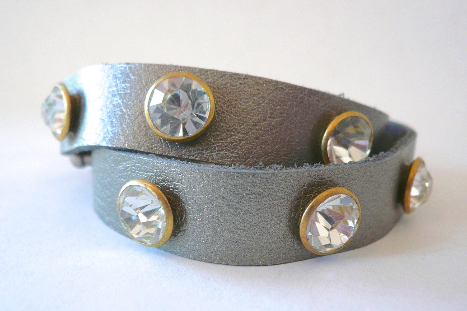 CLEARANCE - Champagne Silver Leather & Rhinestone Stud Wrap Bracelet