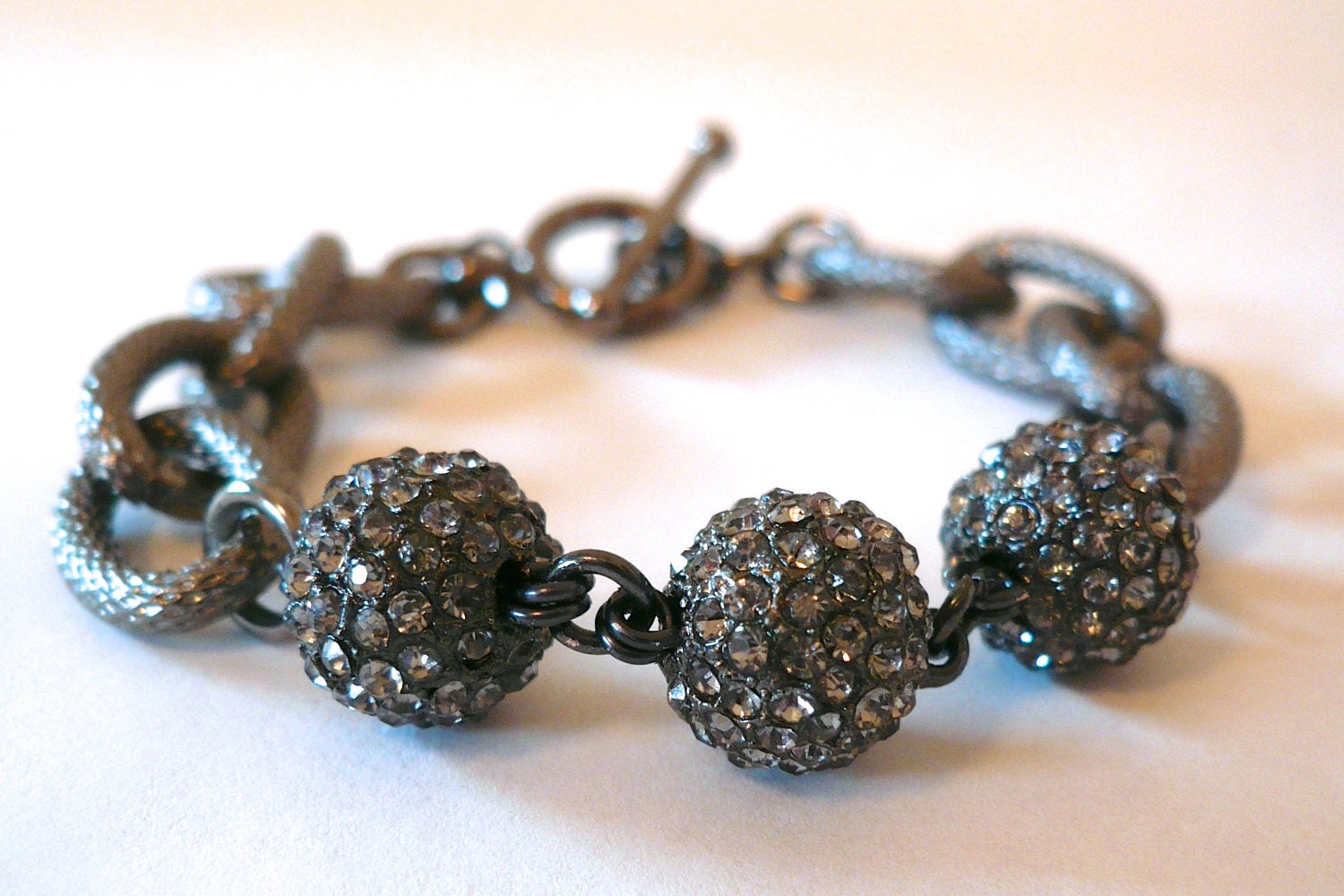 Textured Gunmetal link & pave ball bracelet