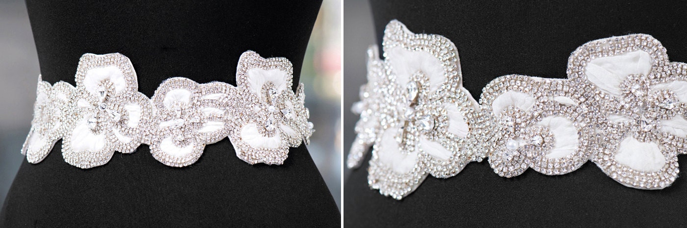1 FULL YARD of  Floral Rhinestone Beaded Beaded Organza Trim