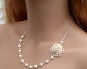 Elegant Bridal Jewelry Set-Ivory/Cream Rose floral  Pearl Necklace and EarringSet   Wedding Jewelry, Bridal Jewelry