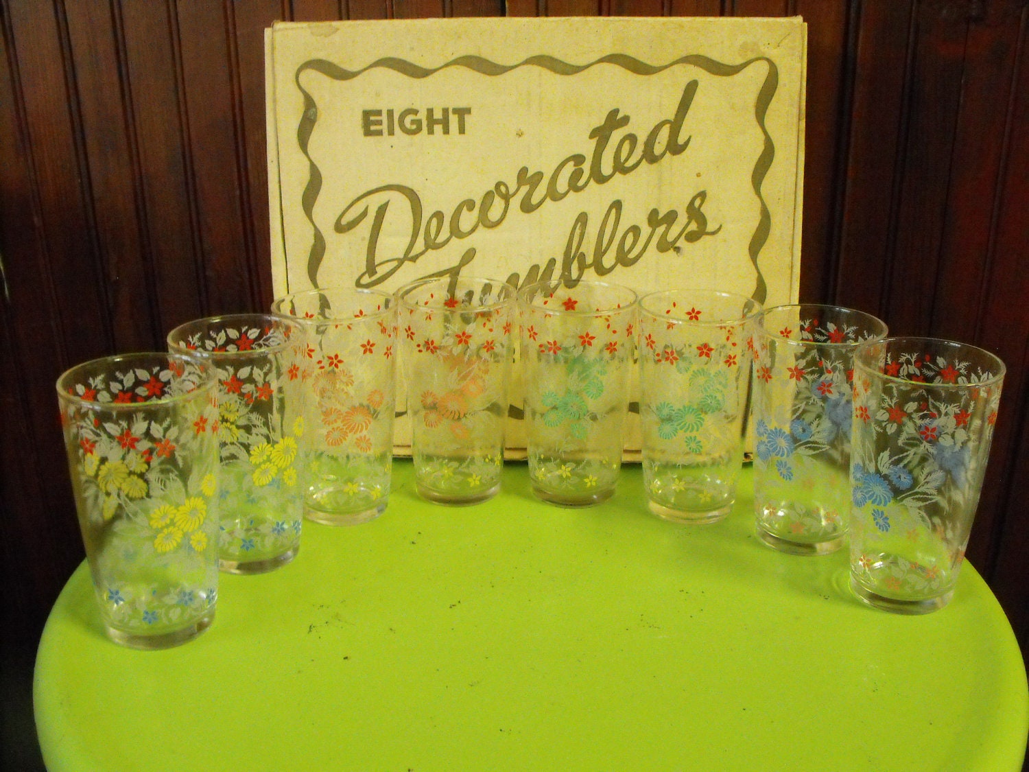 Vintage Orchard Crystal Hazel Atlas Decorated Tumblers For Get Me Not Pattern Set of 8