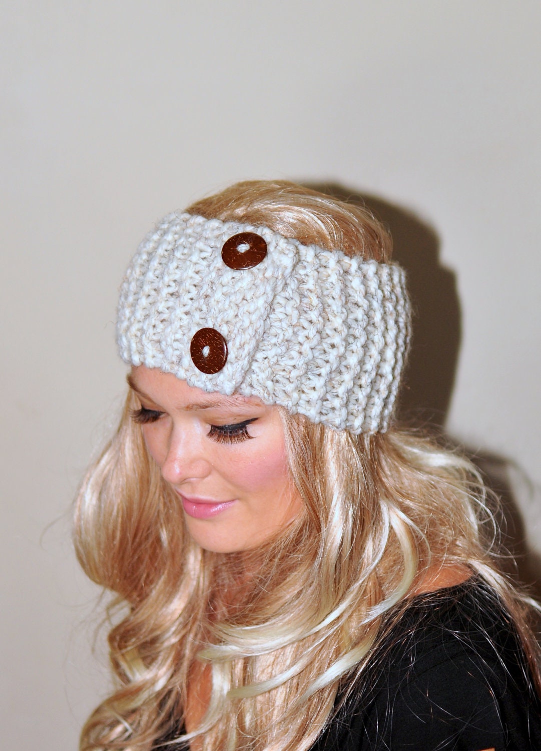 Earwarmer Buttons Winter WOOL Crochet Headband Chunky Ear warmer CHOOSE COLOR Wheat Beige Vanilla Warm Hair Band Button Gift under 50