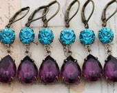 Purple Wedding Jewelry Teal Peacock Wedding Earrings Amethyst Bridesmaids 3 Pairs Vintage Earrings Turquoise - Clip ons available