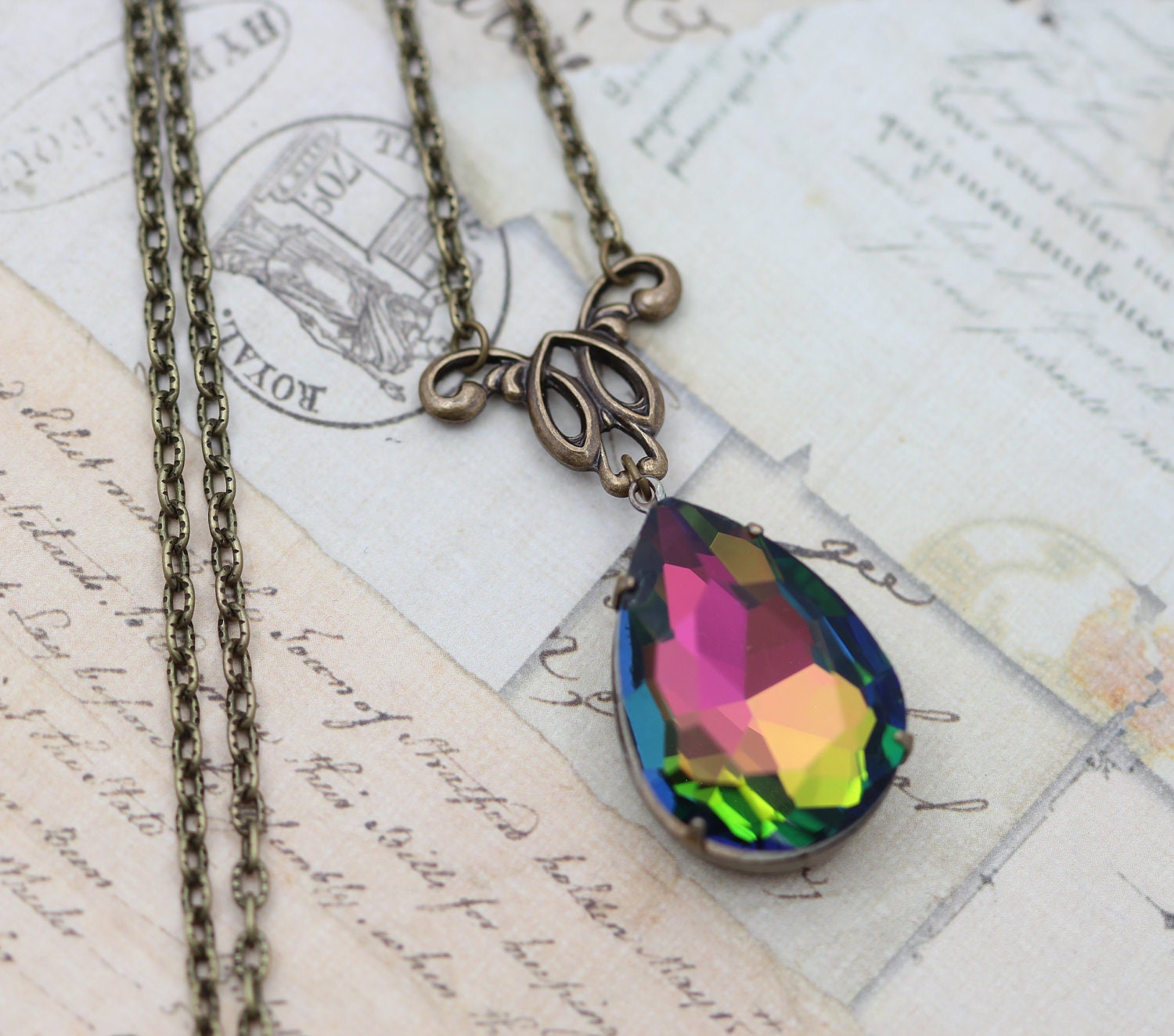 Vintage Vitrail Rainbow Jewel Necklace Multi-Color Large - 16" Victorian Antique Brass Detailed Focal - Handmade by Inspired by Elizabeth