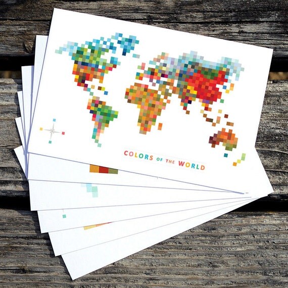 Pixel Map 'Colors of the World' Print Set of 6 // Modern World Map // Modern Art Decor // Map Art // 8 bit Pixels // Digital Print