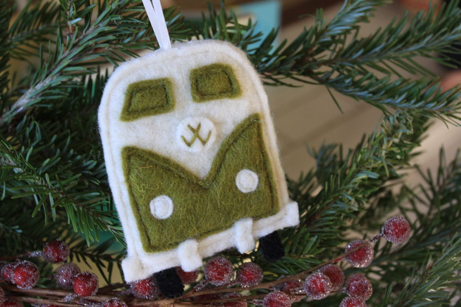 VW bus ornament - olive - recycled felted wool - tree ornament