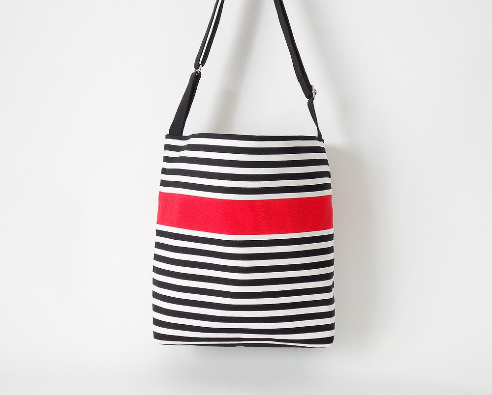 RED. Black stripe hobo bag / Shoulder bag / Diaper bag / Cross body bag, Design by BagyBags
