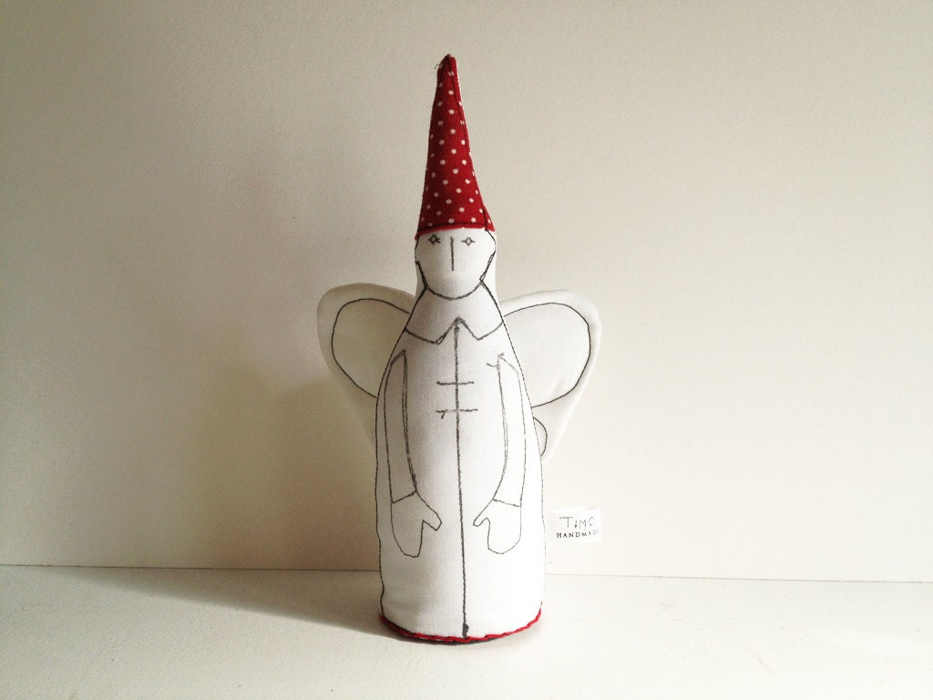decor angel - Black & White guardian angel With white wings Wearing Pointy red dotted hat  - eco fabric doll
