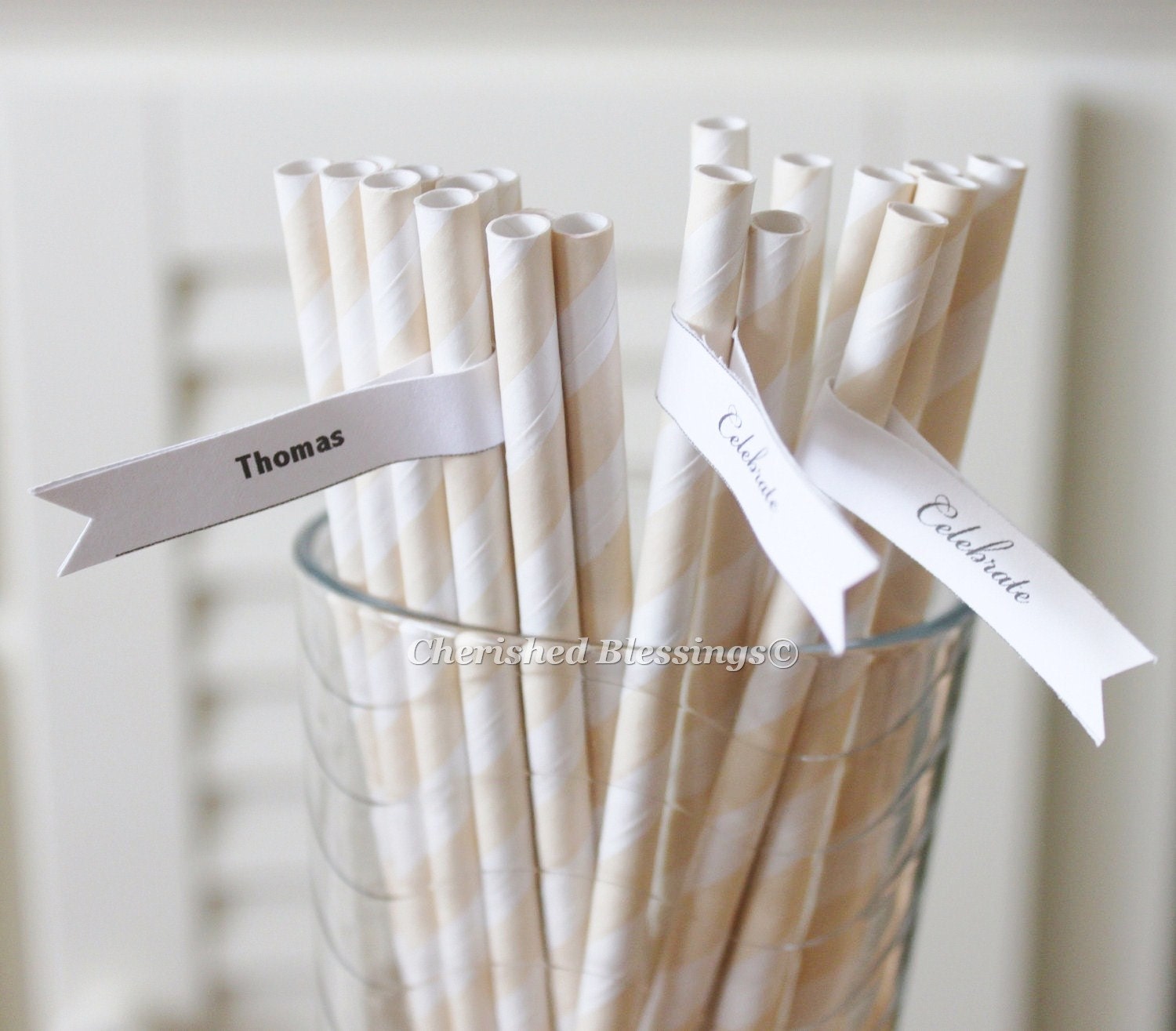 100 Cream Ivory Paper Straws Beige Striped Retro Vintage Style Carnival Wedding Birthday Bridal Baby Shower W/ Printable Flags I Created