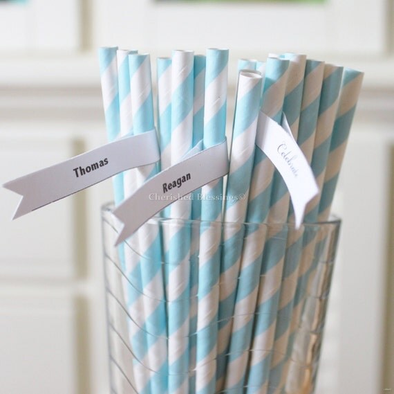 50 Blue Paper Straws Baby Light Stripe Retro Vintage Style Carnival Circus Wedding Birthday Bridal Baby Shower W/ Printable Flags I Created Il_570xn
