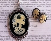 Skull Cameo Necklace Earrings Set - Lolita Ivory Goddess - Black Rose