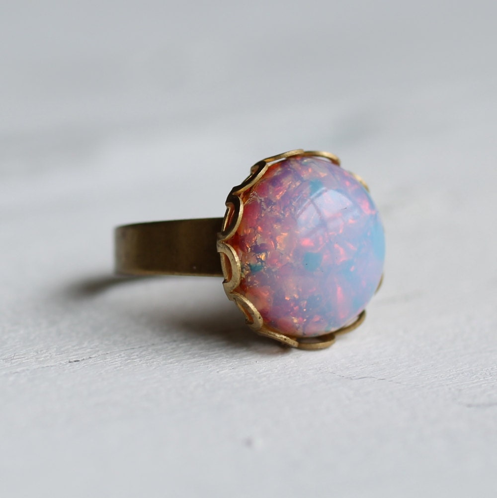 Vintage Pink Opal Ring ... Firestone Pink and Gold Ring with Milky Glass