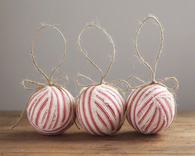 Candystripe Ticking - Set of 3 Red Ticking RagBall Ornaments