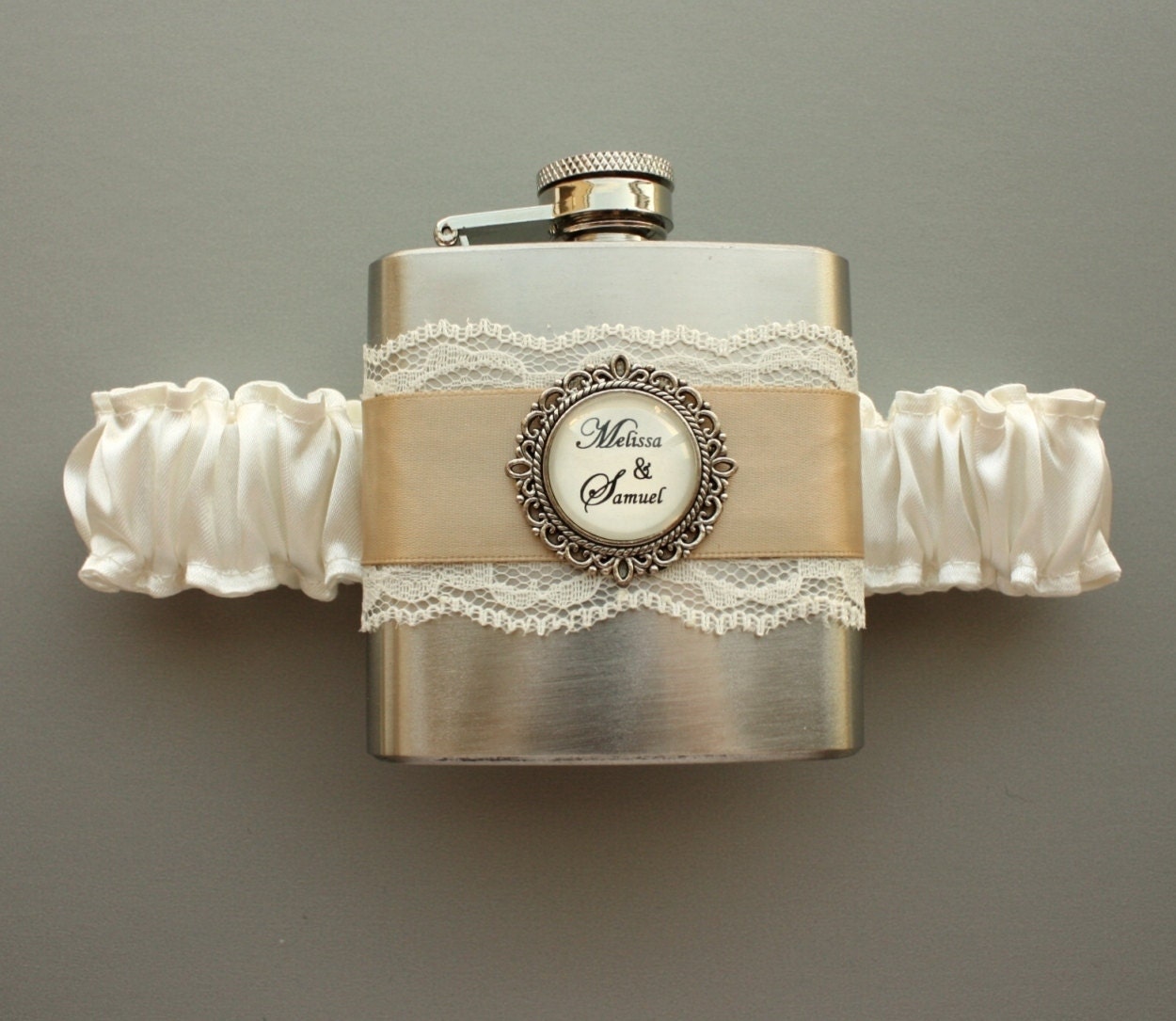 Personalized Satin & Lace FLASK GARTER -- Ivory and Champagne (Other Colors Available)